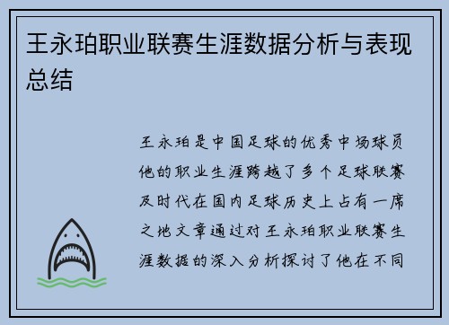 王永珀职业联赛生涯数据分析与表现总结