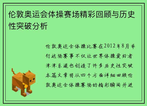 伦敦奥运会体操赛场精彩回顾与历史性突破分析