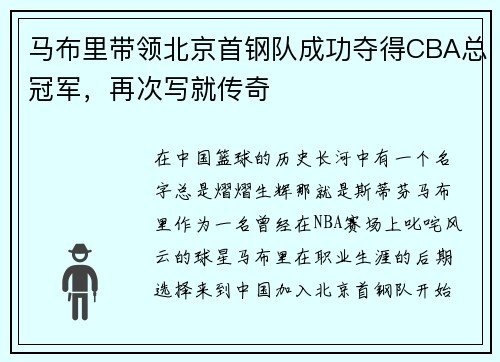 马布里带领北京首钢队成功夺得CBA总冠军，再次写就传奇